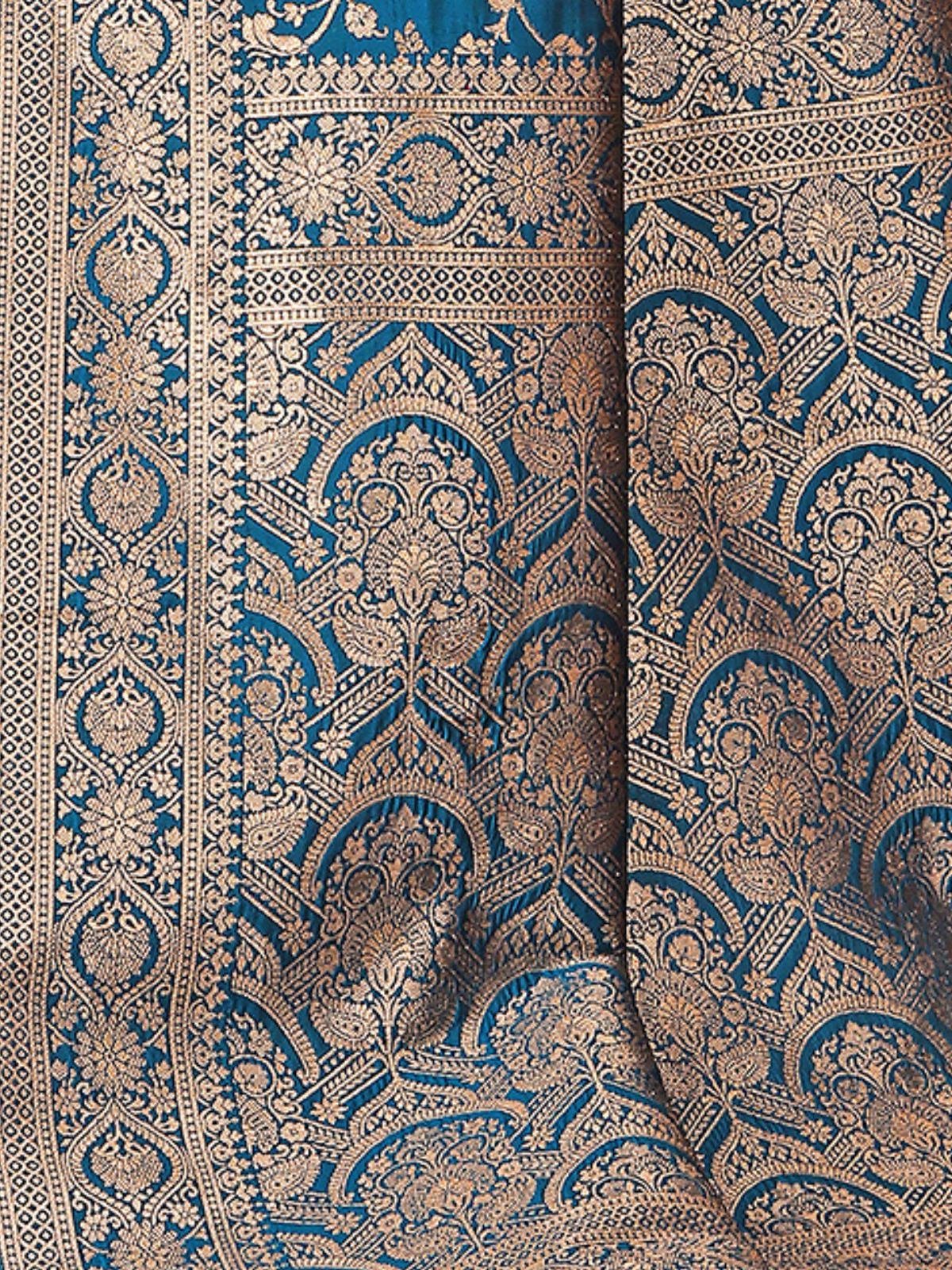 Odette Teal Woven Banarasi Silk Saree With unstitched Blouse For Women - Image 6