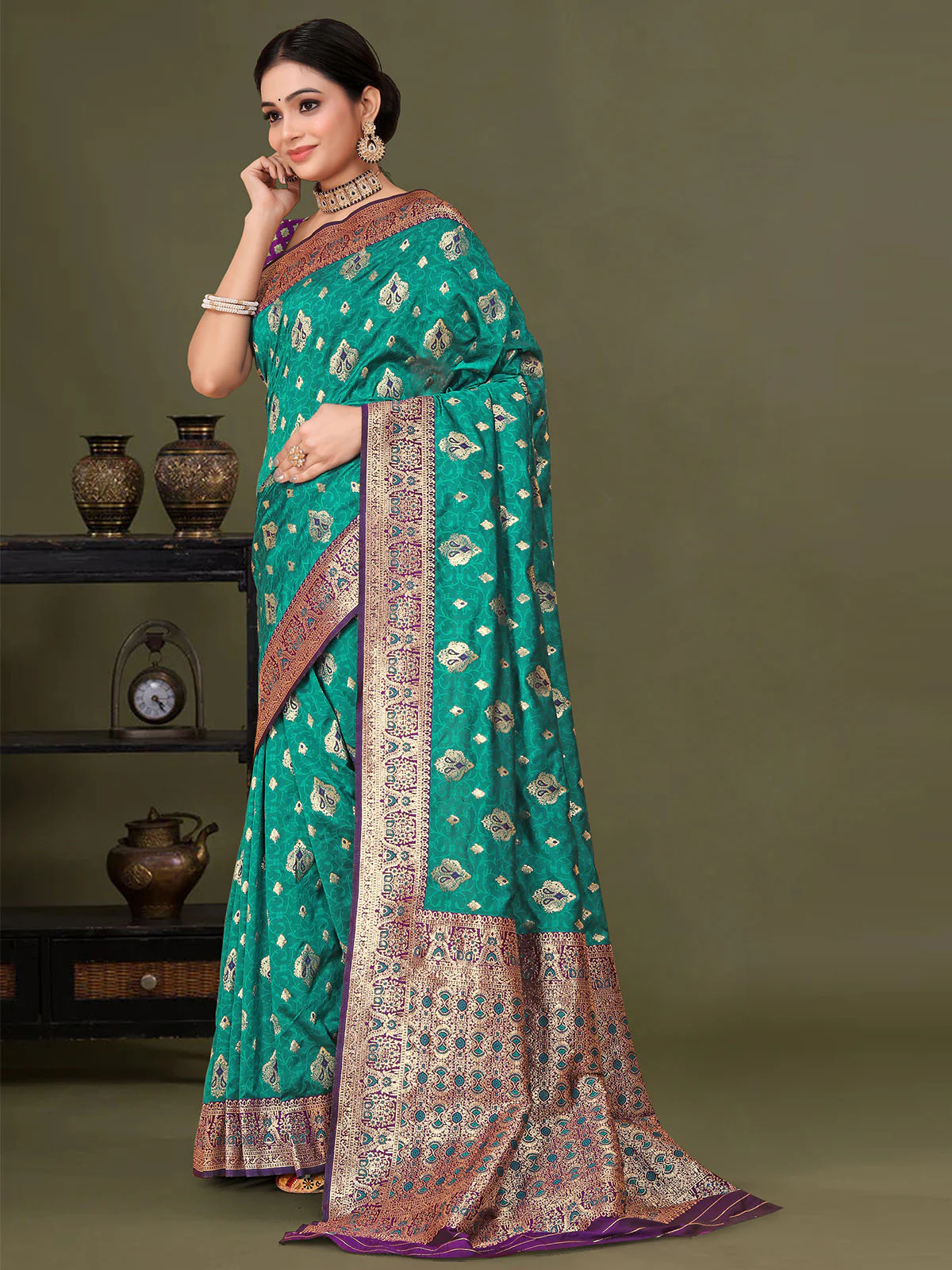 Odette Teal Woven Banarasi Silk Saree With Unstitched Blouse For Women - Image 2