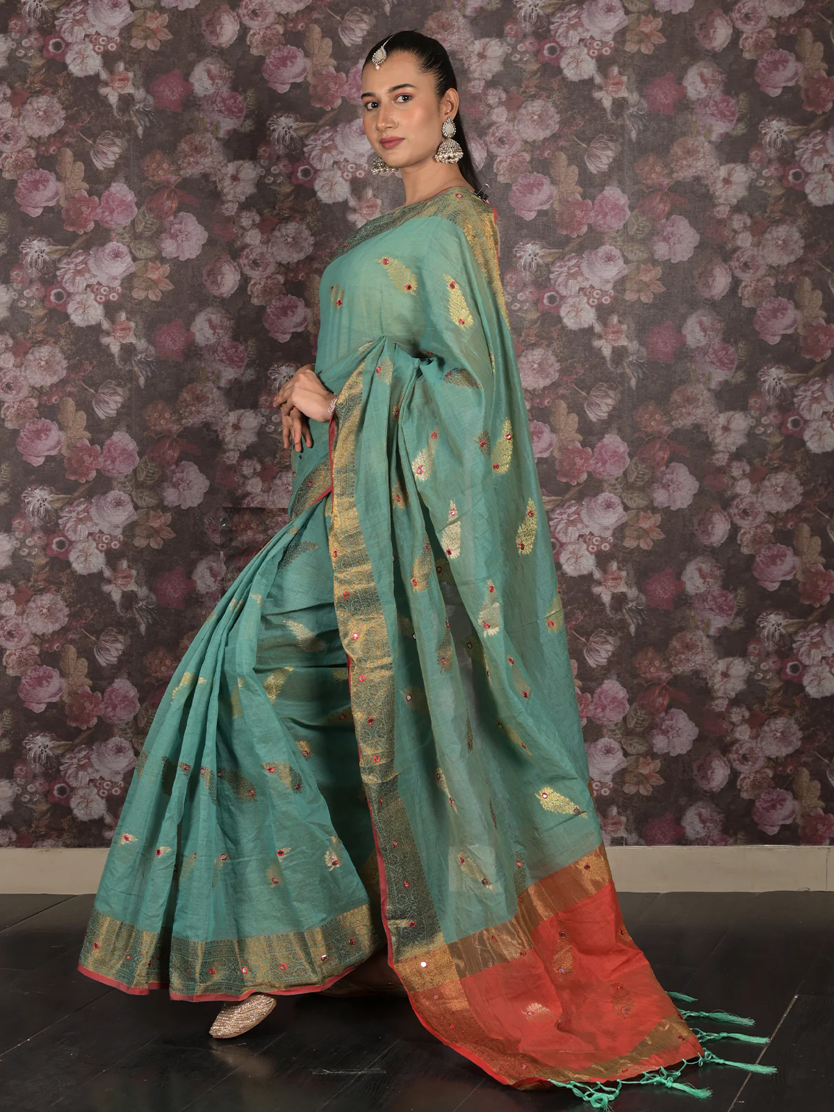 Odette Teal Woven Cotton Silk Blend Saree With Unstitched Blouse For Women - Image 3