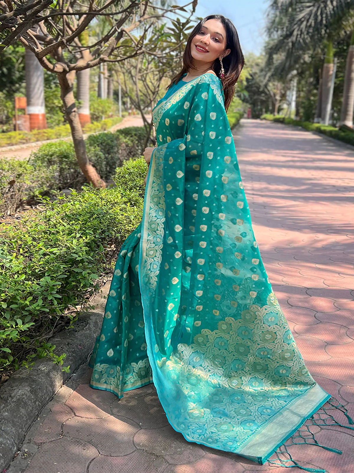 Odette Teal Woven Design Organza Saree With Unstitched Blouse For Women - Image 2
