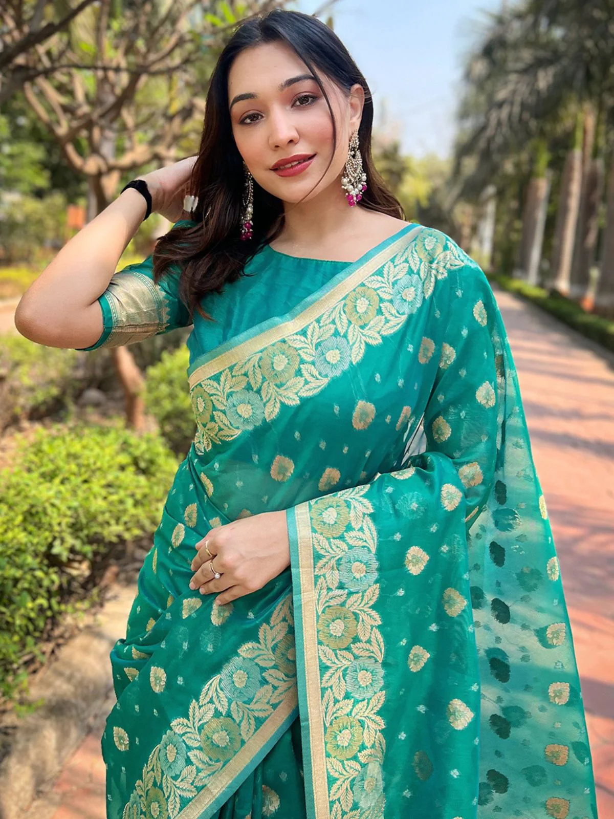 Odette Teal Woven Design Organza Saree With Unstitched Blouse For Women - Image 3