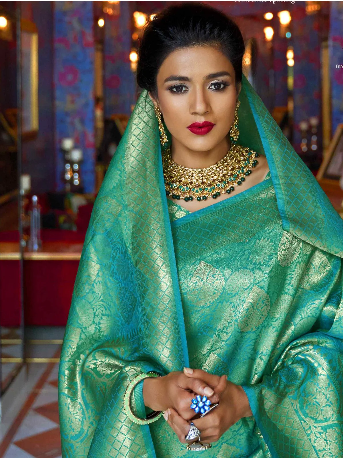 Odette Teal Woven Design Silk Blend Saree With Unstitched Blouse For Women - Image 2
