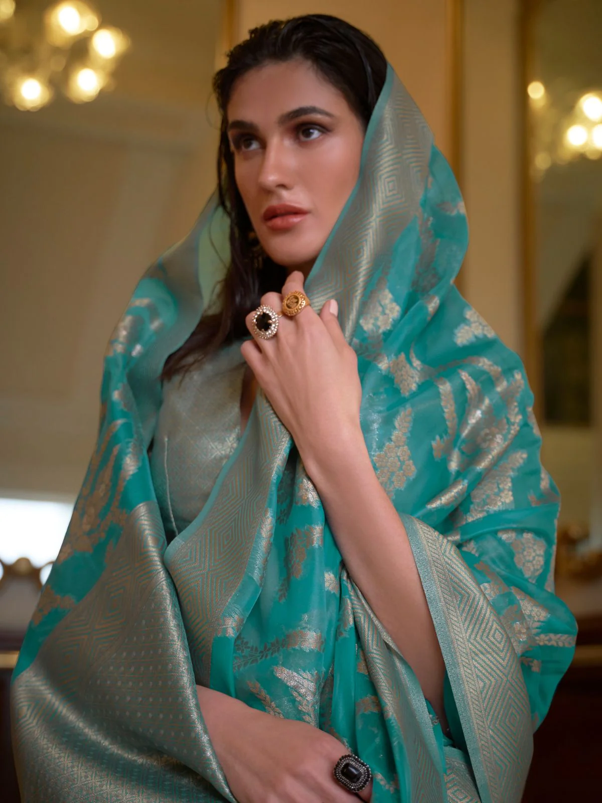 Odette Blue Woven Design Silk Blend Saree With Unstitched Blouse For Women - Image 2