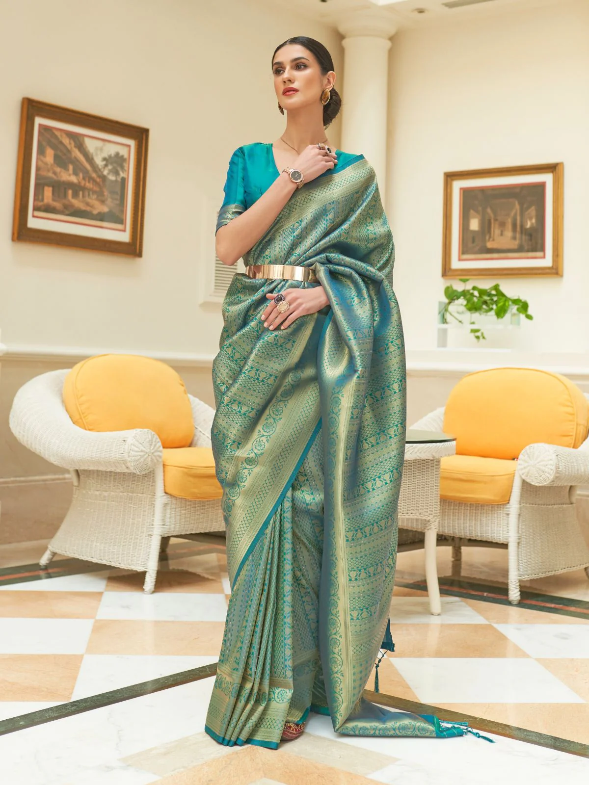Odette Teal Woven Design Silk Blend Saree With Unstitched Blouse For Women - Image 2