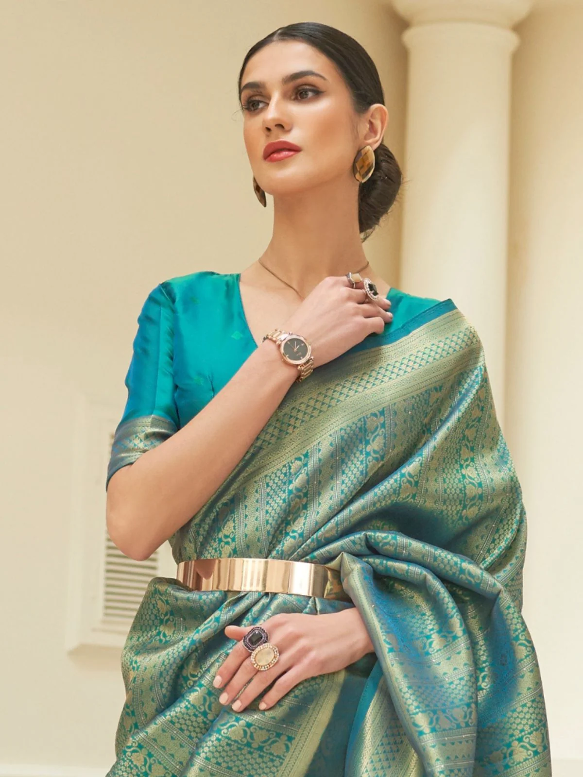 Odette Teal Woven Design Silk Blend Saree With Unstitched Blouse For Women - Image 3