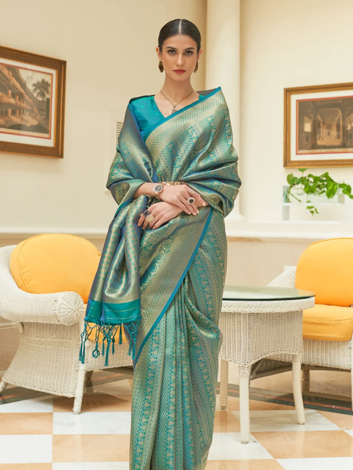 Odette Teal Woven Design Silk Blend Saree With Unstitched Blouse For Women - Image 2