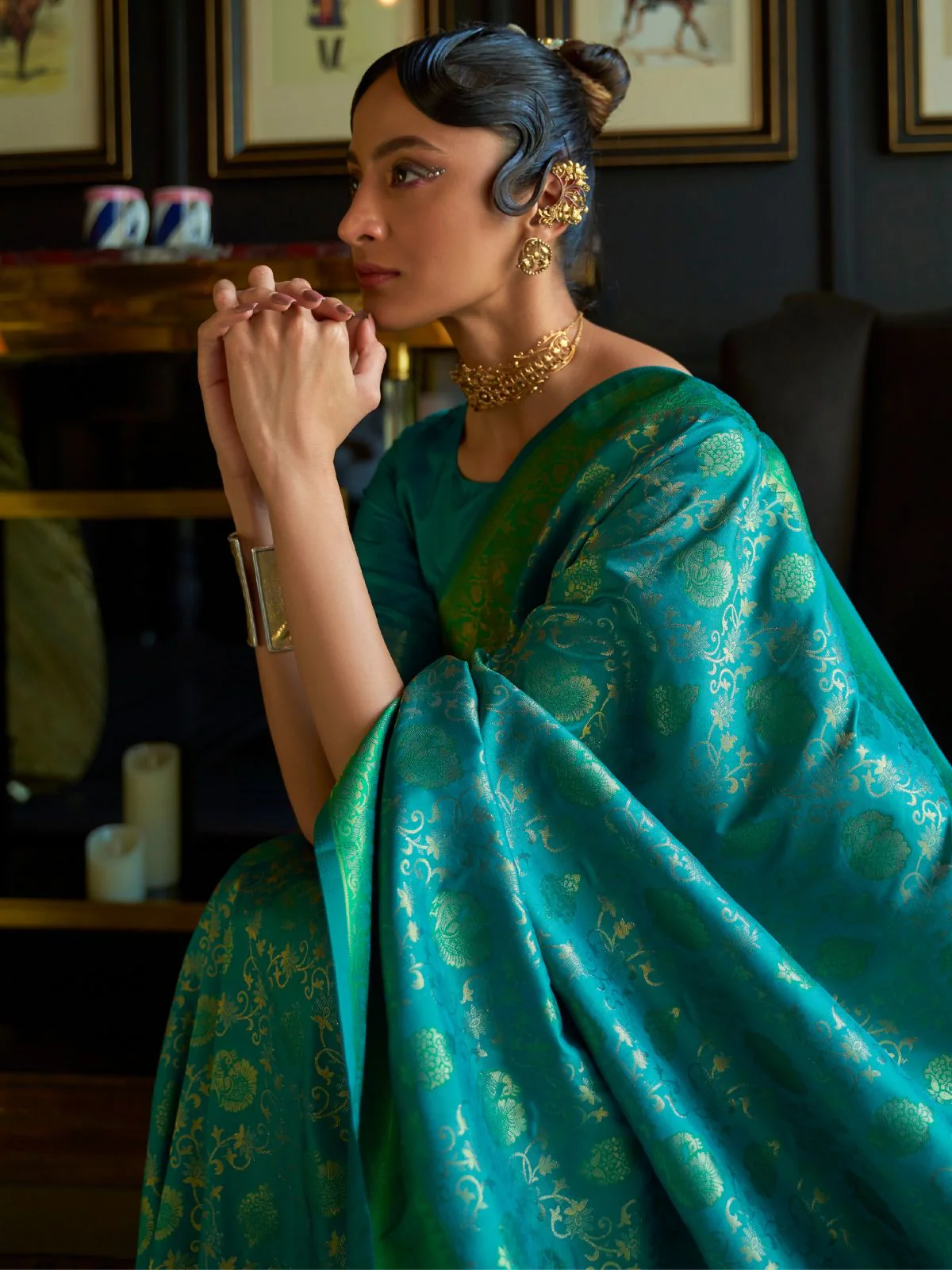 Odette Teal Woven Design Silk Blend Saree With Unstitched Blouse For Women - Image 3