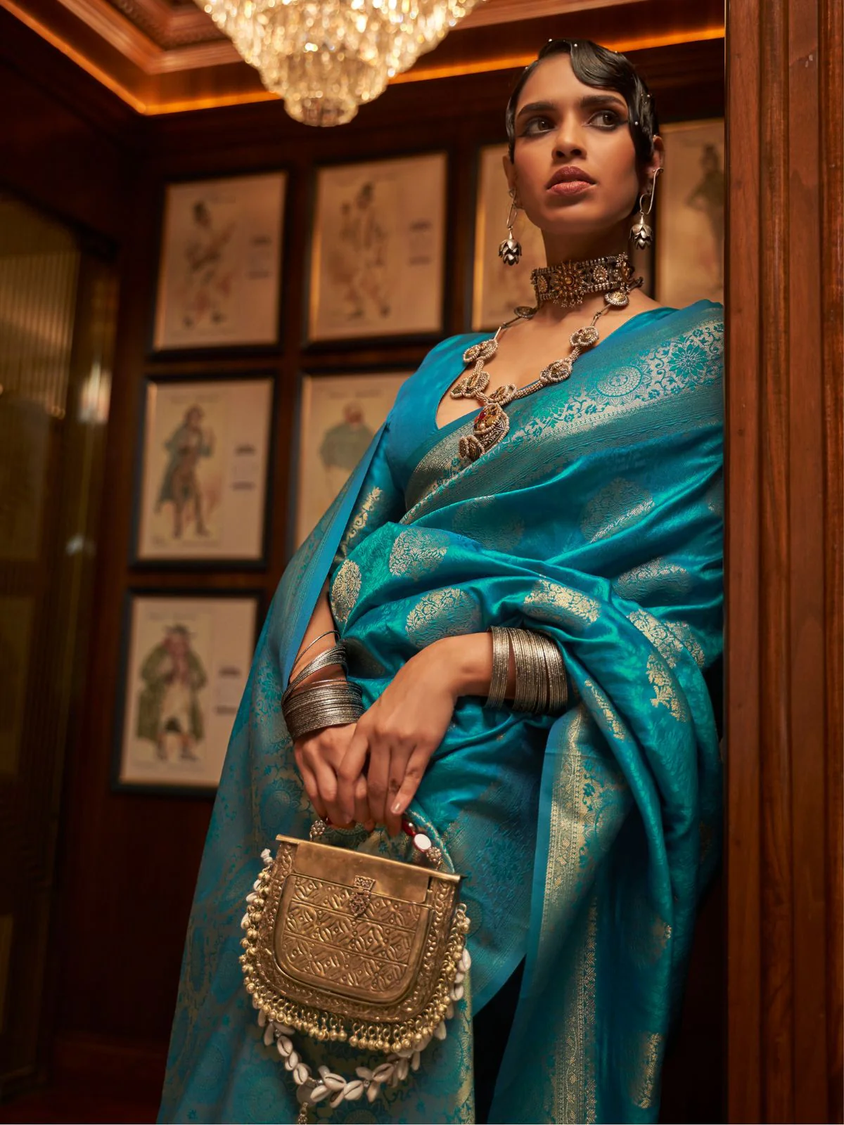 Odette Teal Woven Design Silk Blend Saree With Unstitched Blouse For Women - Image 2