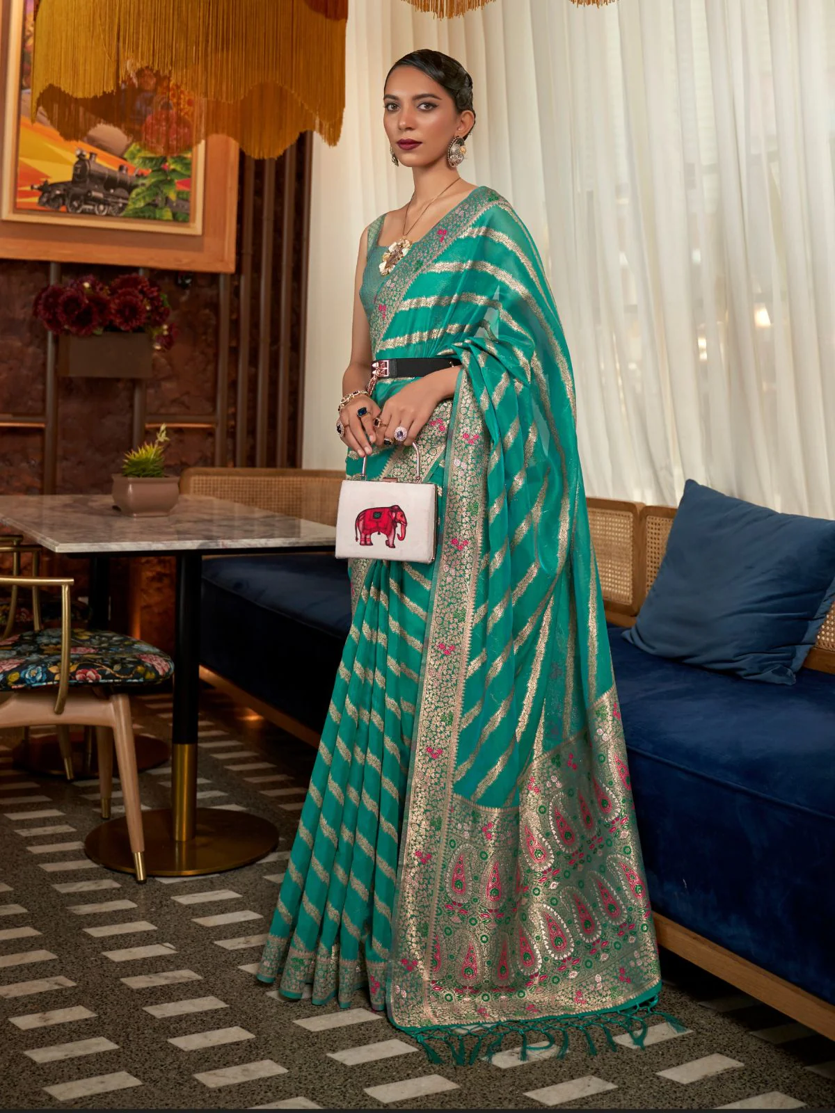 Odette Teal Woven Design Silk Blend Saree With Unstitched Blouse For Women - Image 2