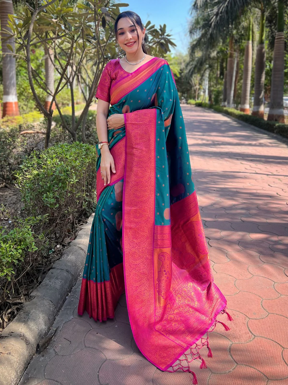 Odette Teal Woven Design Soft Silk Saree With Unstitched Blouse For Women