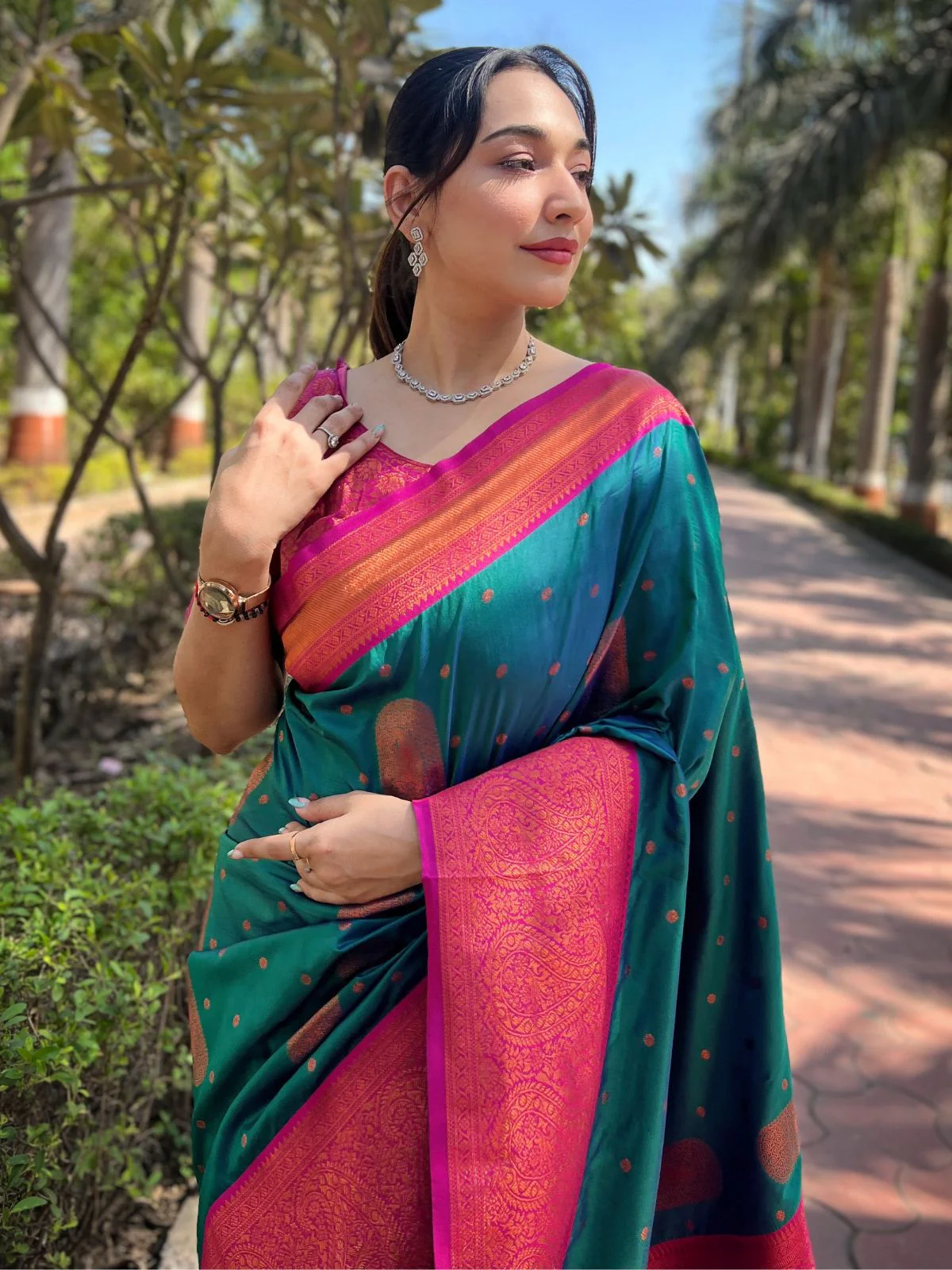 Odette Teal Woven Design Soft Silk Saree With Unstitched Blouse For Women - Image 3