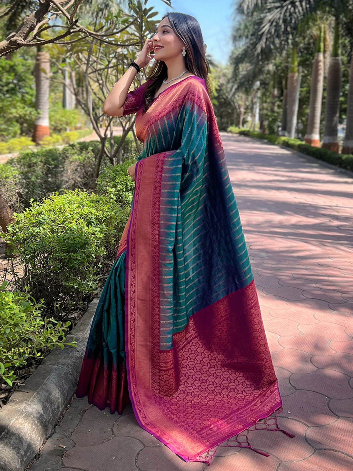 Odette Teal Woven Design Soft Silk Saree With Unstitched Blouse For Women - Image 2