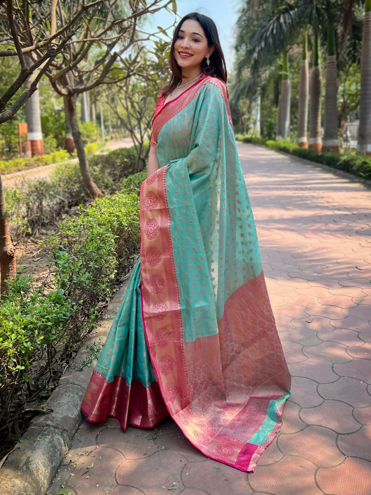 Odette Teal Woven Design Tissue Silk Saree With Unstitched Blouse For Women - Image 2