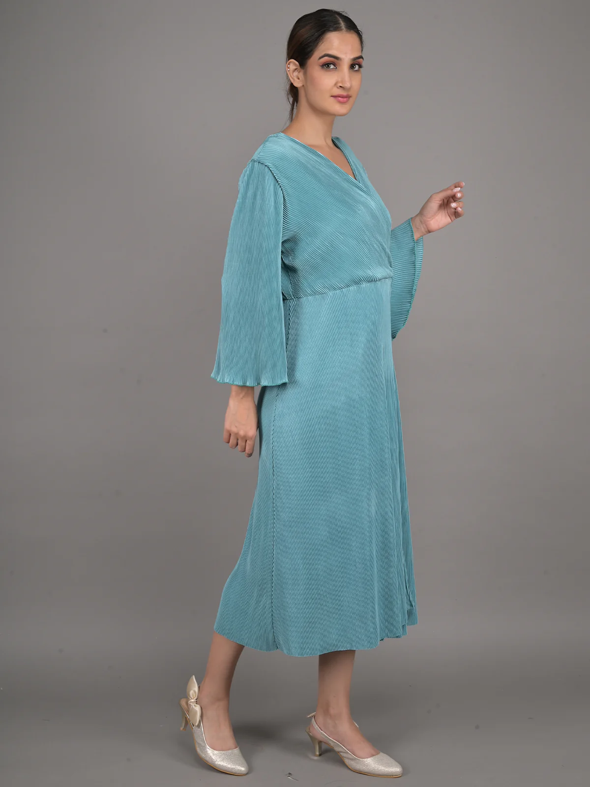 Odette Teal Wrap Around Stitched Dress for Women - Image 2