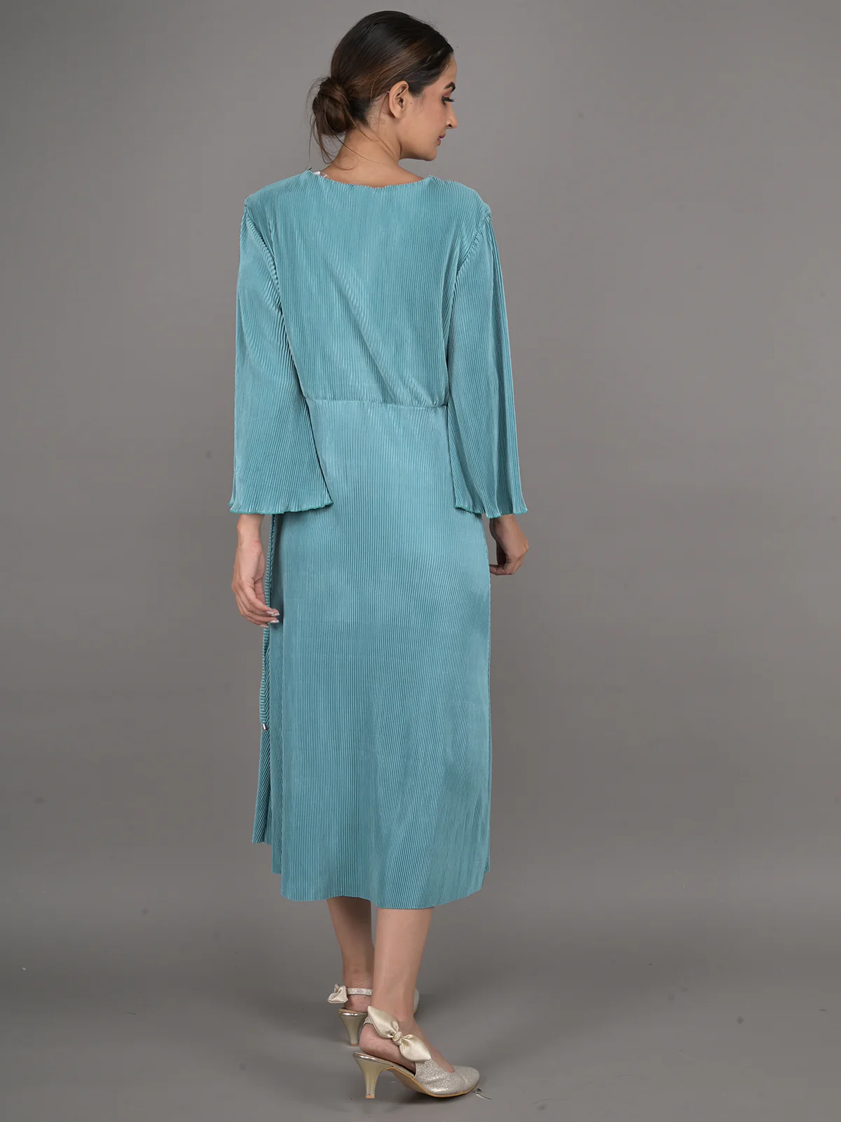 Odette Teal Wrap Around Stitched Dress for Women - Image 3