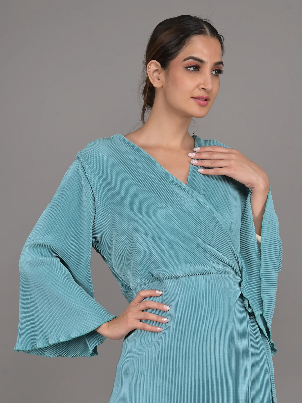 Odette Teal Wrap Around Stitched Dress for Women - Image 4