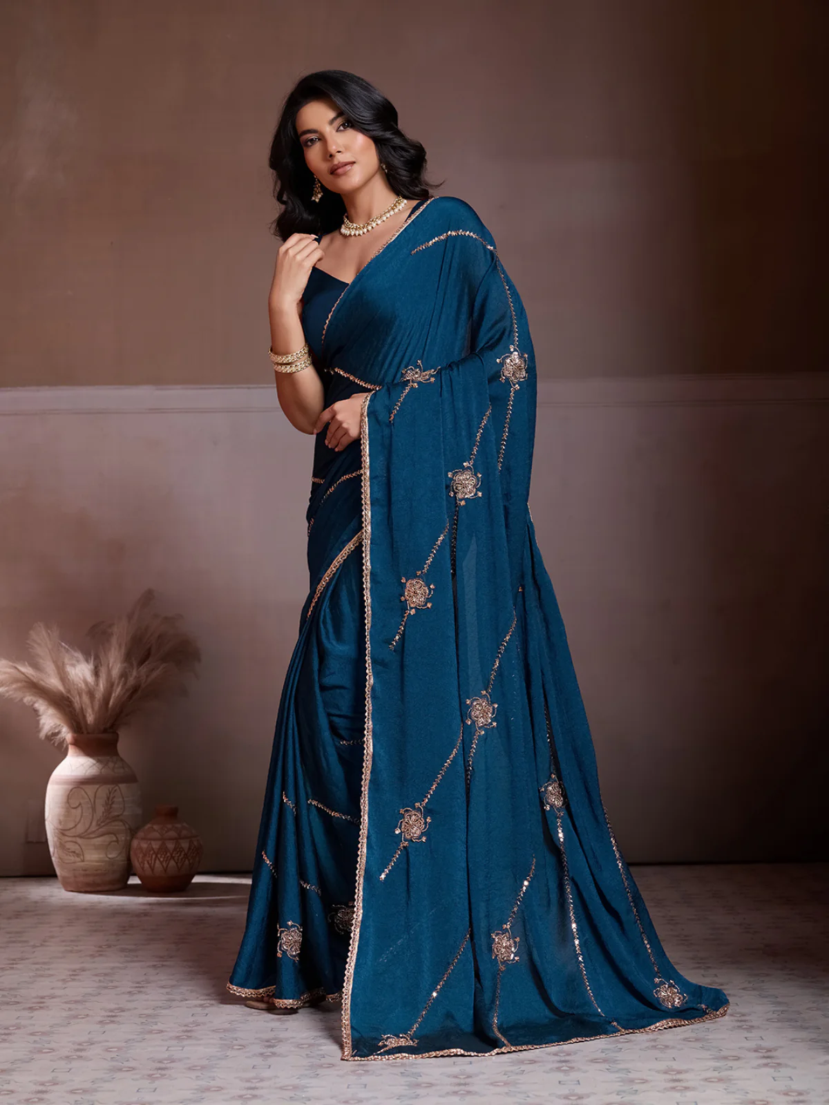 Odette Teal Blue Silk Blend Embroidered Saree For Women - Image 2