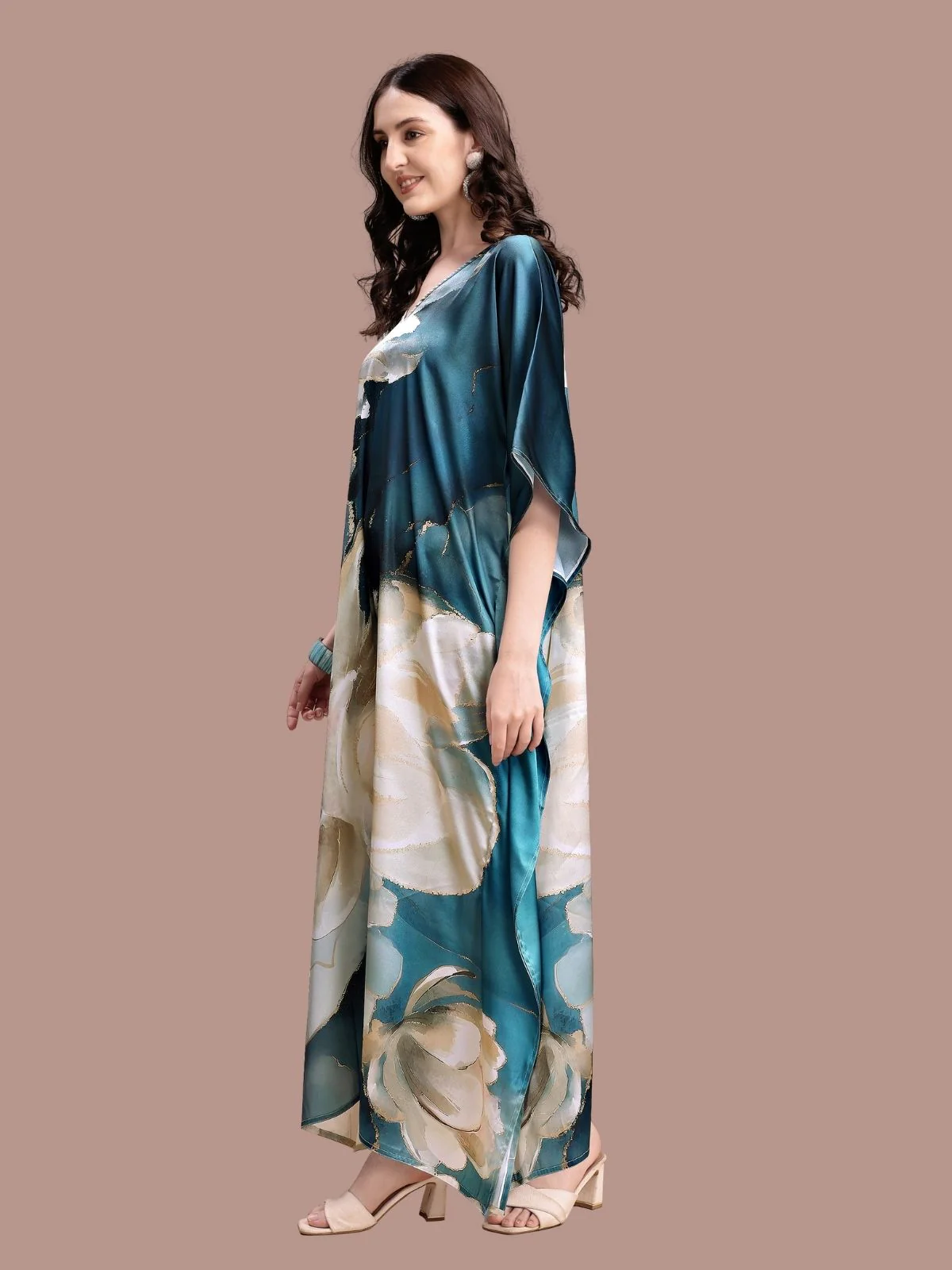 Odette Teel Blue And Beige Satin Printed Kaftan For Women - Image 2