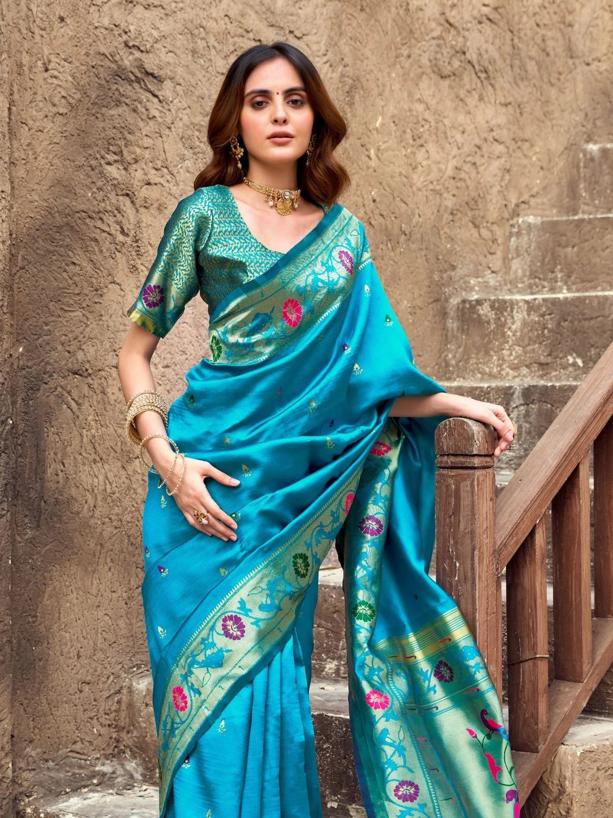 Odette Turquoise Blue Silk Woven Paithani Saree For Women - Image 5