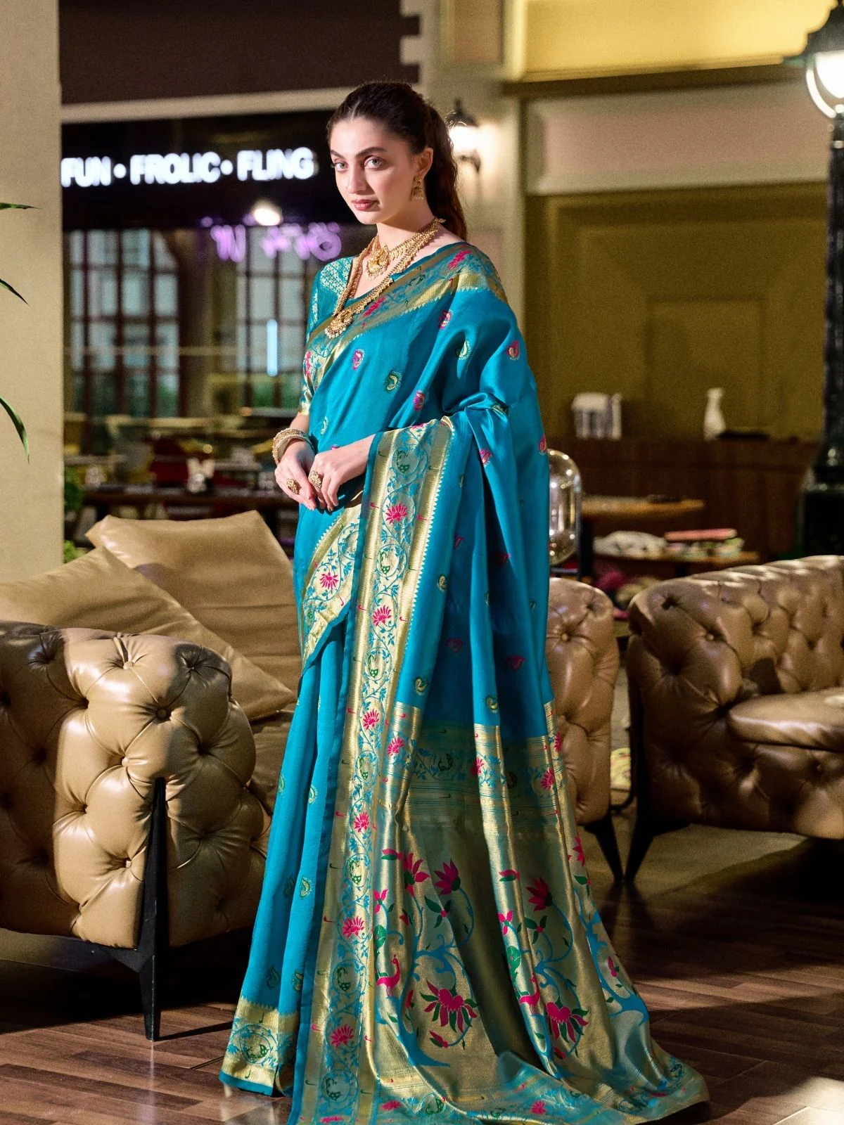Odette Turquoise Blue Silk Woven Paithani Saree For Women - Image 2