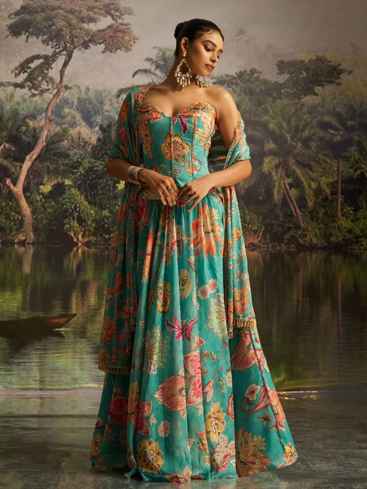 Odette Turquoise Georgette Printed Stitched Lehenga For Women - Image 2