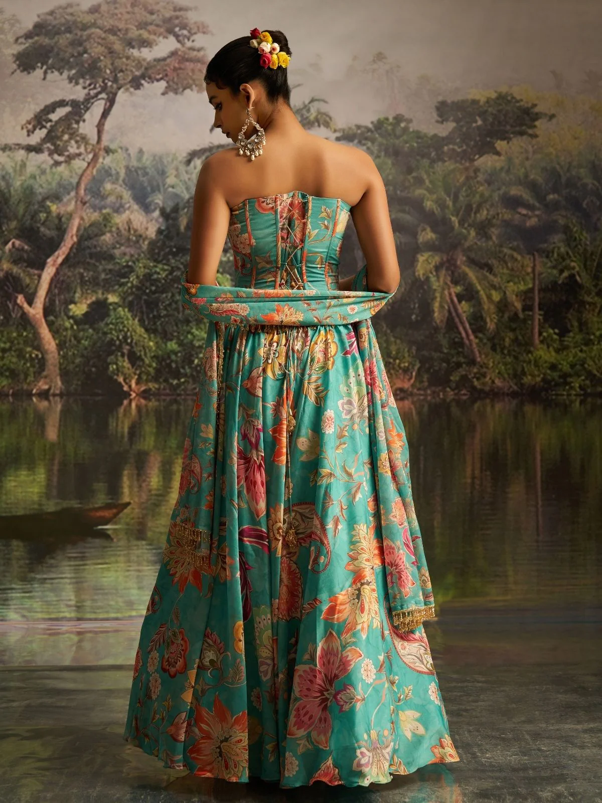 Odette Turquoise Georgette Printed Stitched Lehenga For Women - Image 7