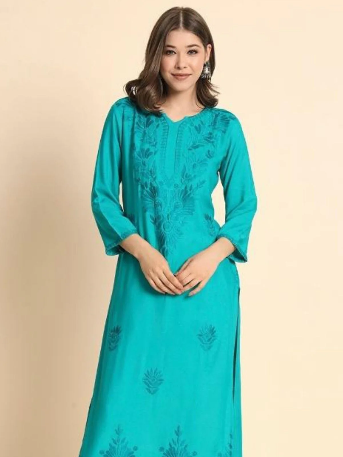 Odette Turquoise Rayon Embroidered Kurti For Women - Image 2