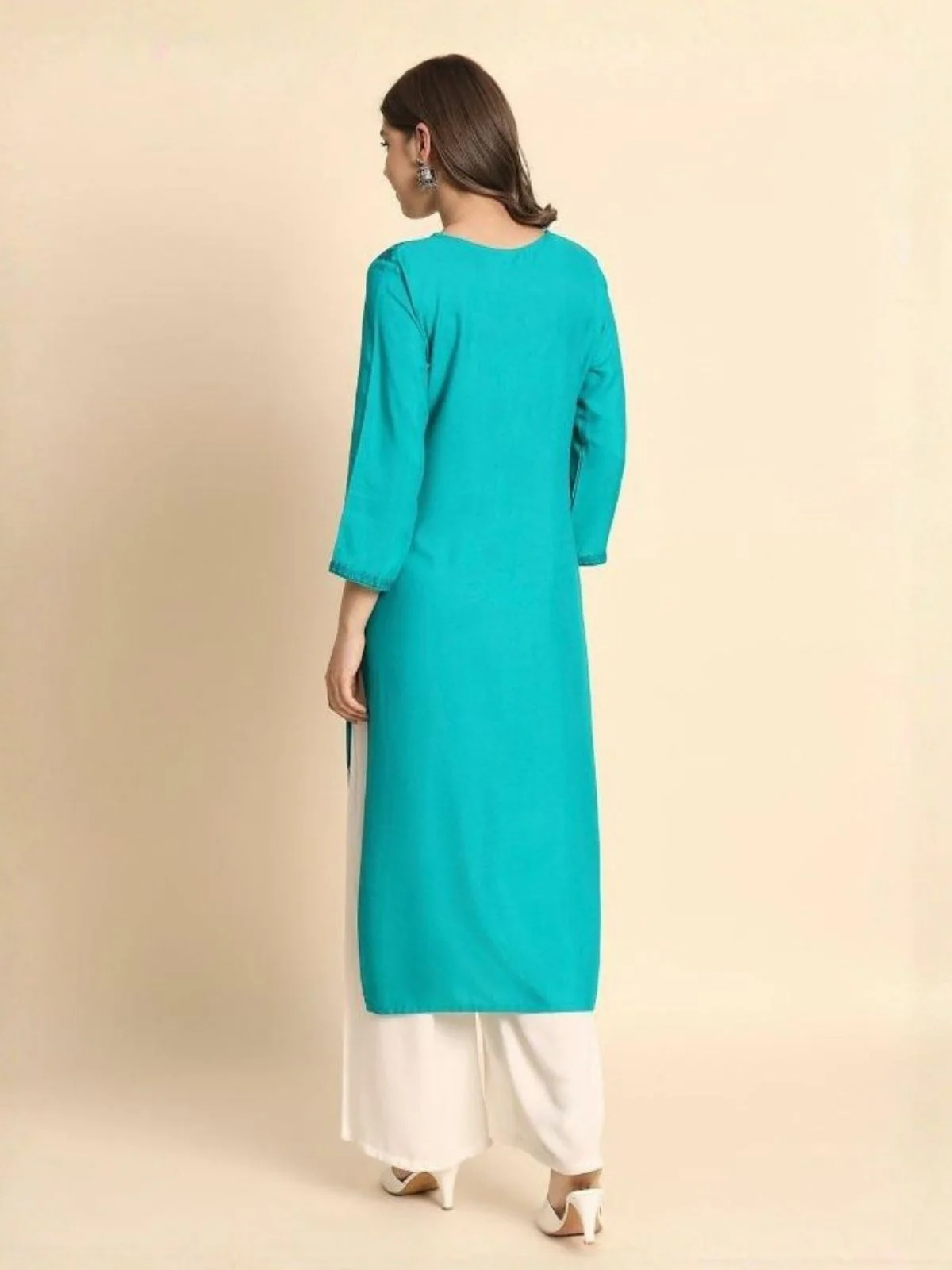 Odette Turquoise Rayon Embroidered Kurti For Women - Image 3