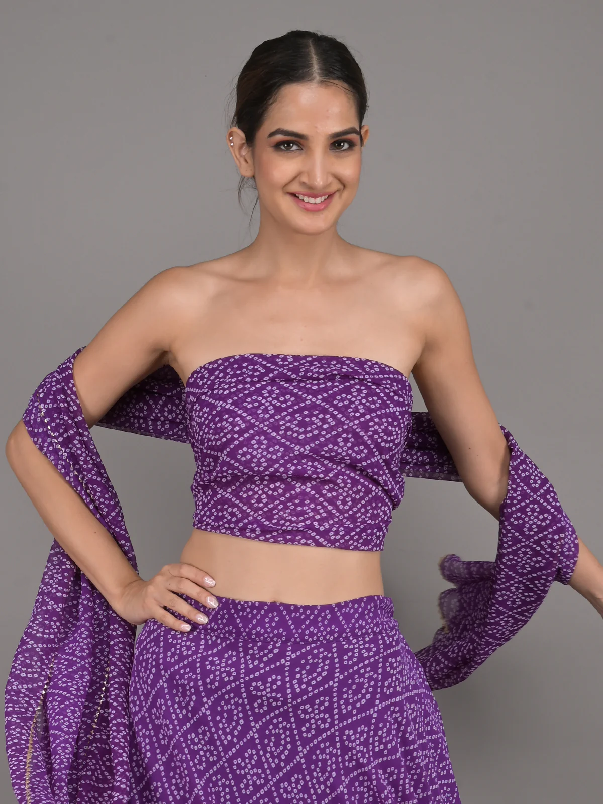 Odette Violet Bandhani Printed Georgette Semi Stitched Lehenga With Unstitched Blouse For Women - Image 4