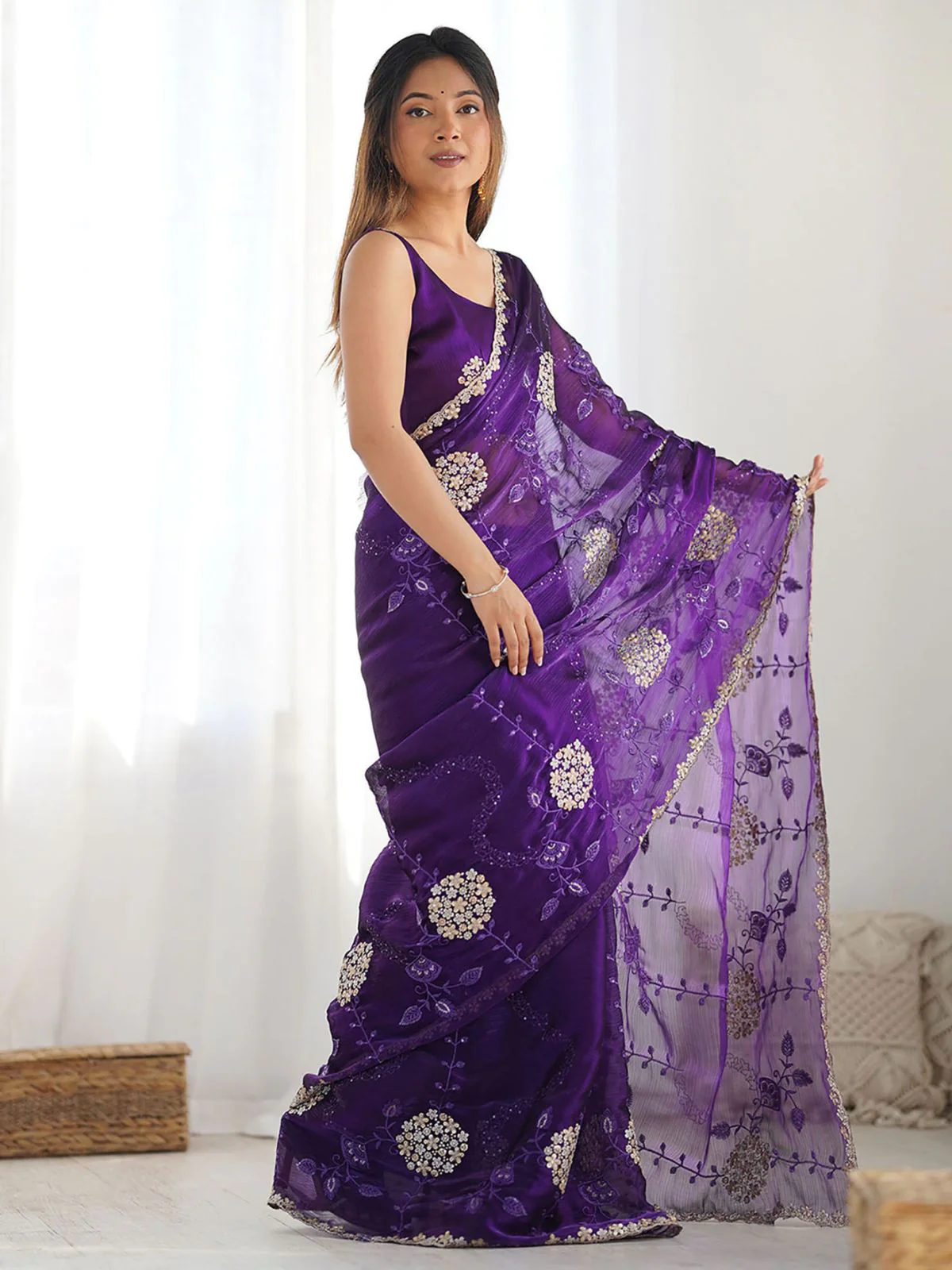 Odette Violet Chiffon Embroidered Elegant Saree For Women - Image 3