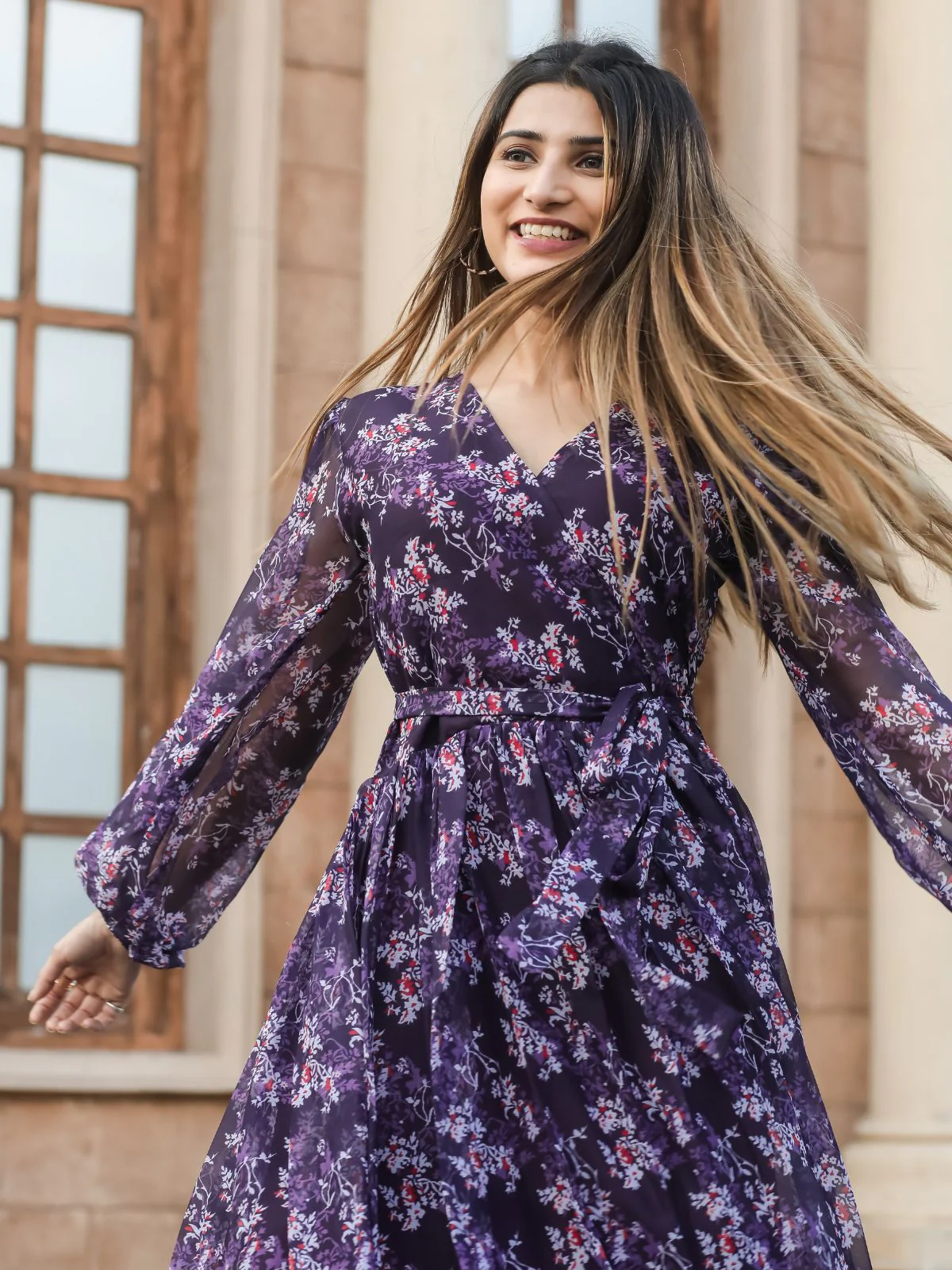 Odette Violet Chiffon Stitched Printed Indo Western Dress For Women - Image 4