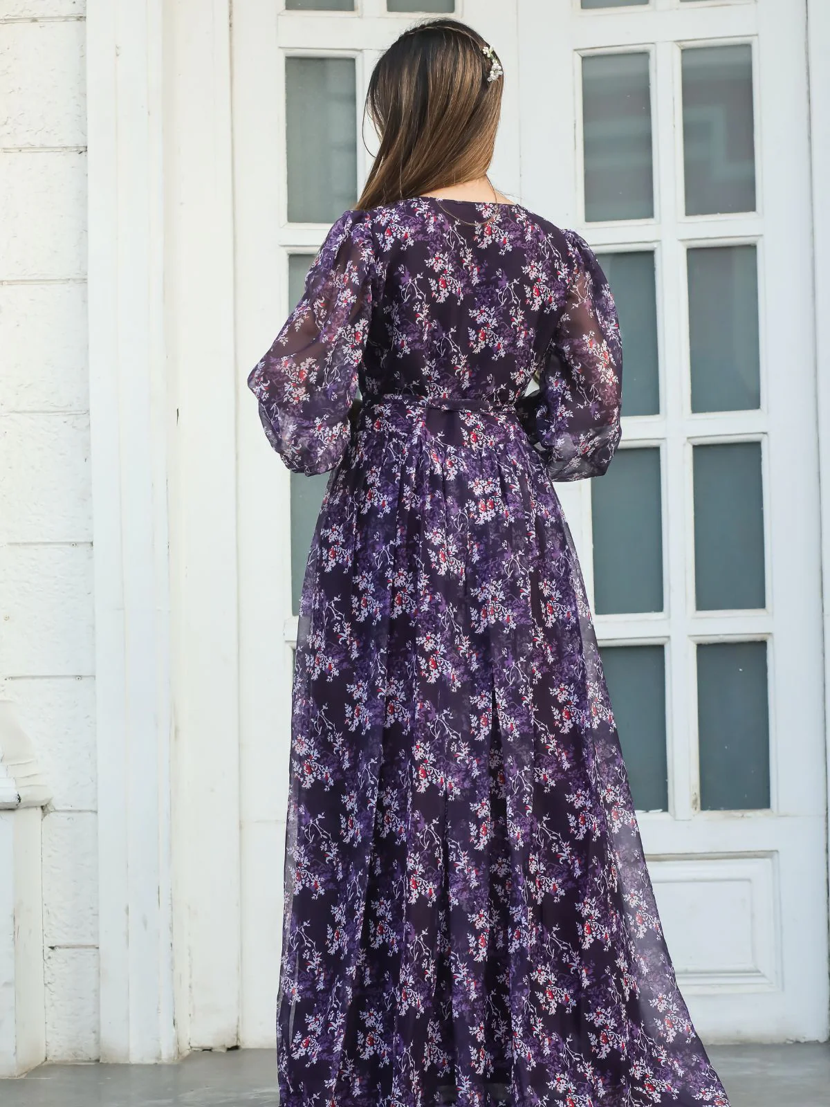Odette Violet Chiffon Stitched Printed Indo Western Dress For Women - Image 5