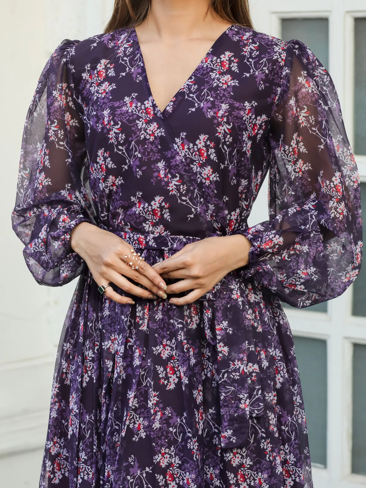 Odette Violet Chiffon Stitched Printed Indo Western Dress For Women - Image 6