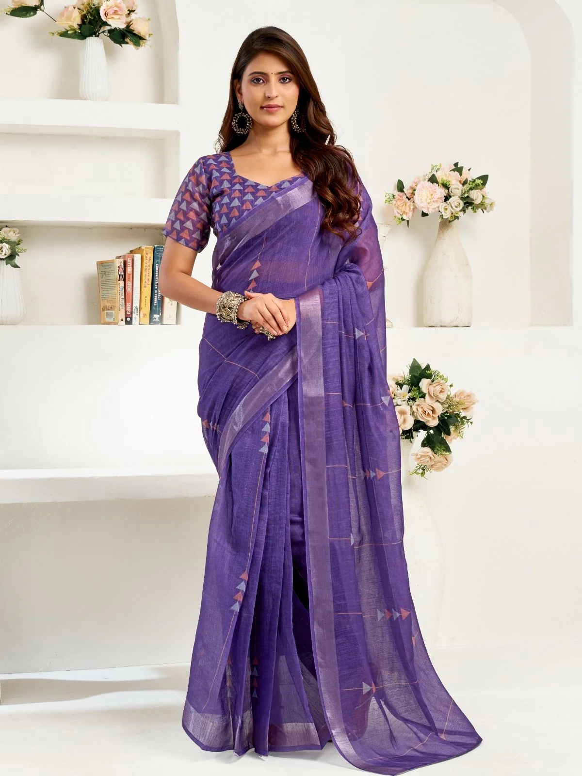 Odette Violet Cotton Linen Zari Work Saree For Women