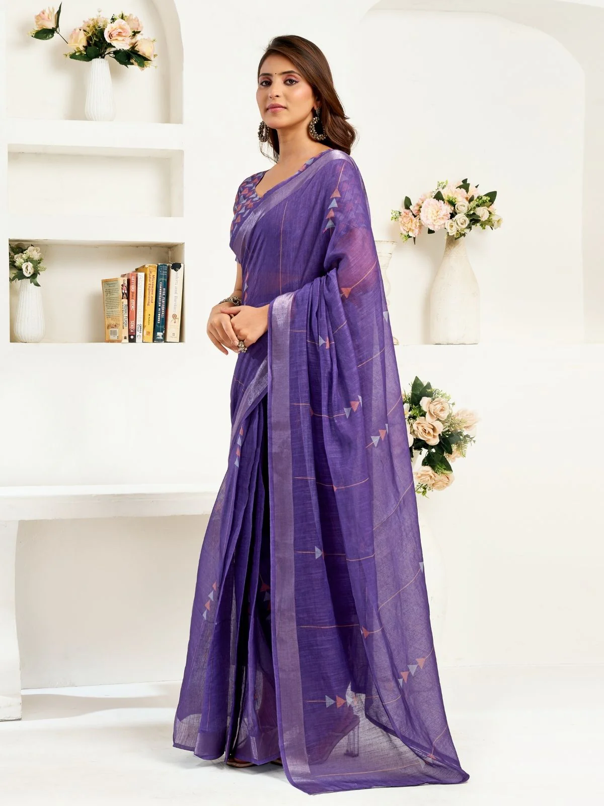 Odette Violet Cotton Linen Zari Work Saree For Women - Image 2