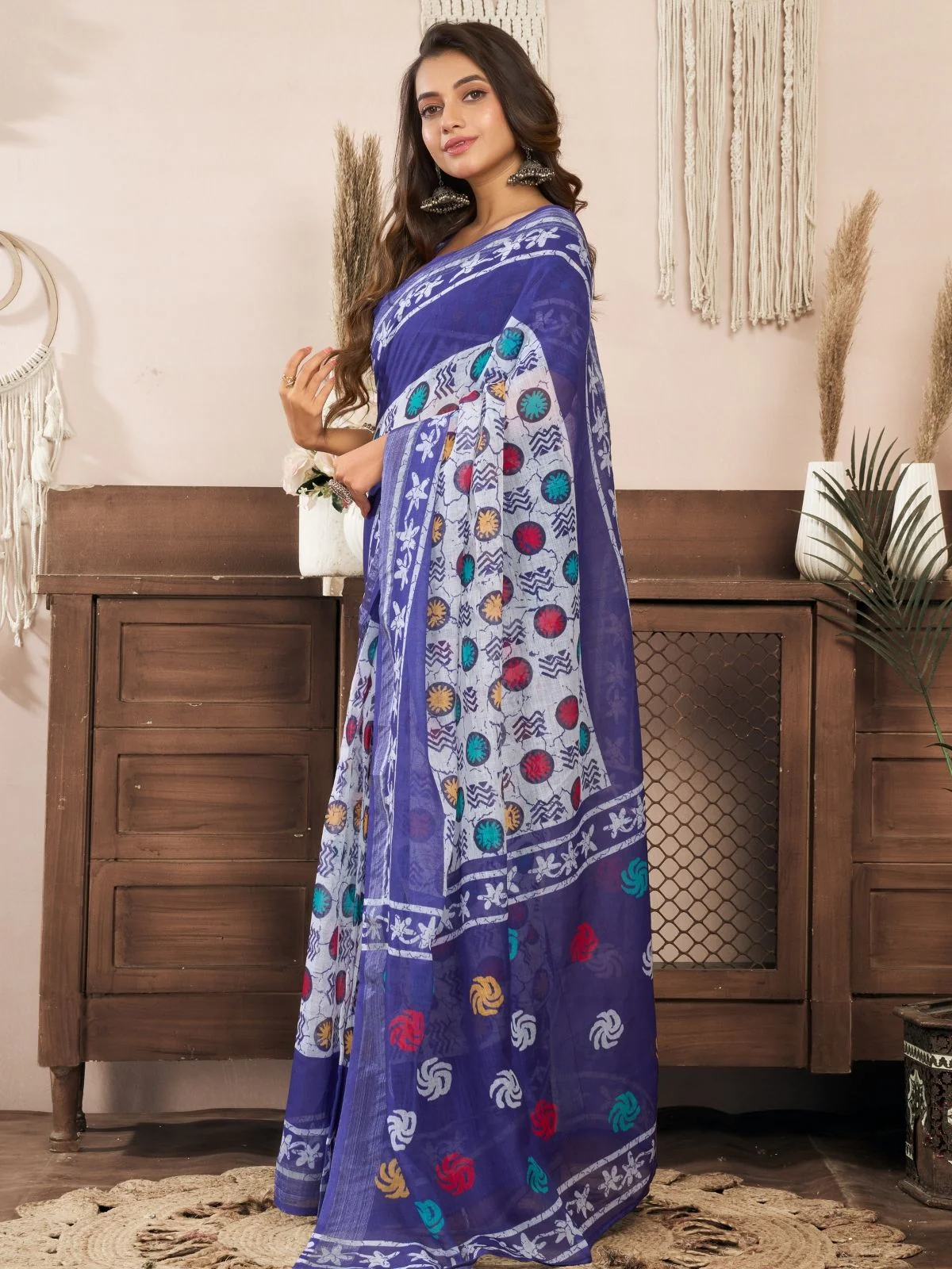 Odette Violet Cotton Linen Zari Work Saree For Women - Image 2