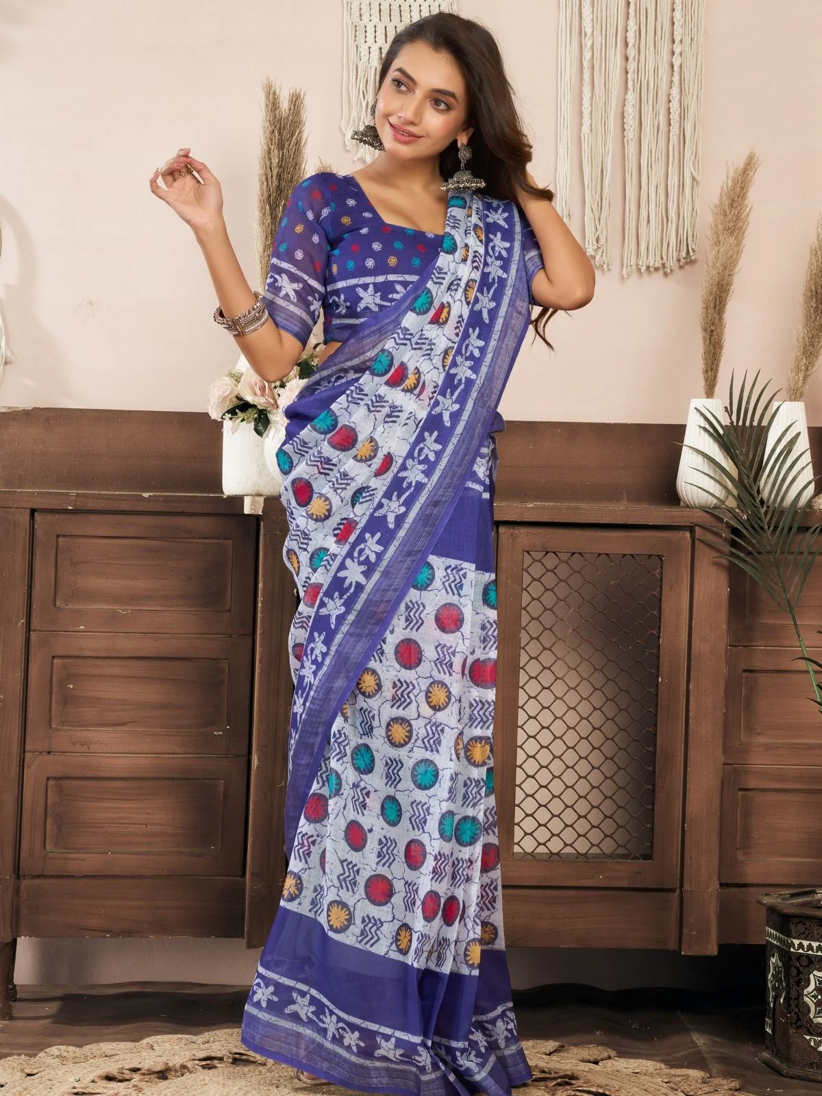 Odette Violet Cotton Linen Zari Work Saree For Women - Image 3