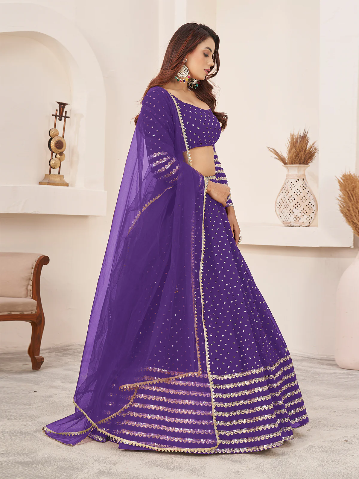 Odette Violet Georgette Embellished Semi Stitched Lehenga With Unstitched Blouse For Women - Image 2