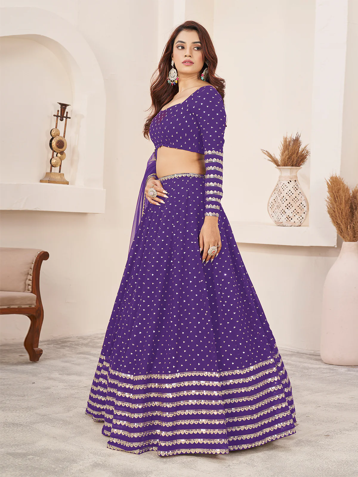 Odette Violet Georgette Embellished Semi Stitched Lehenga With Unstitched Blouse For Women - Image 4