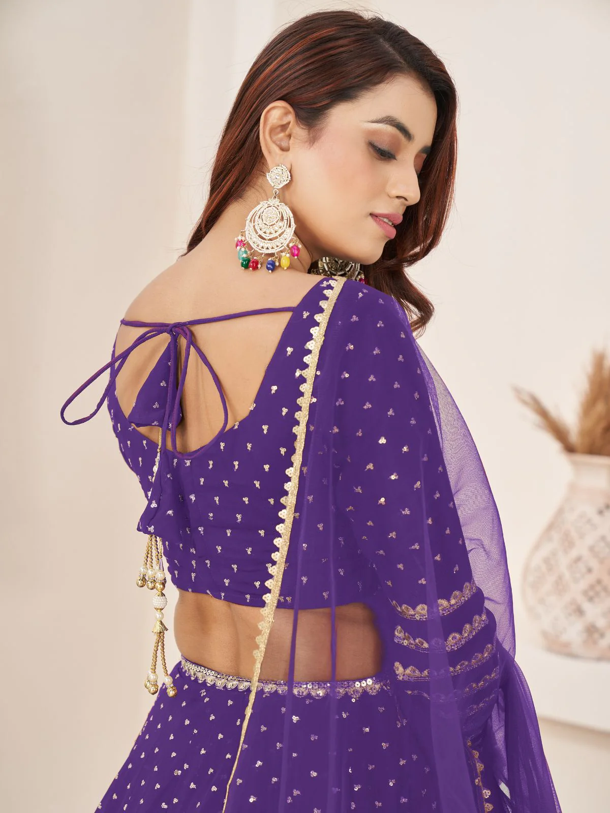 Odette Violet Georgette Embellished Semi Stitched Lehenga With Unstitched Blouse For Women - Image 6