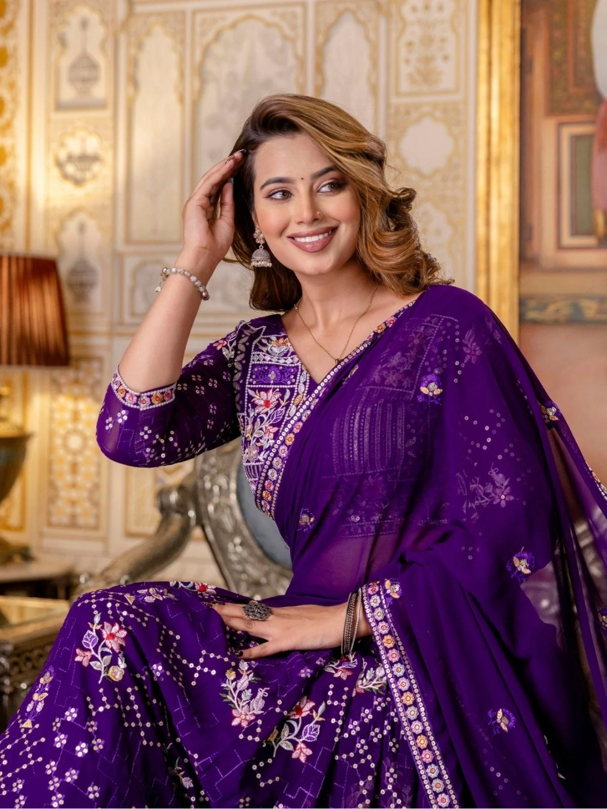 Odette Violet Georgette Embroidered Lehenga For Women - Image 4