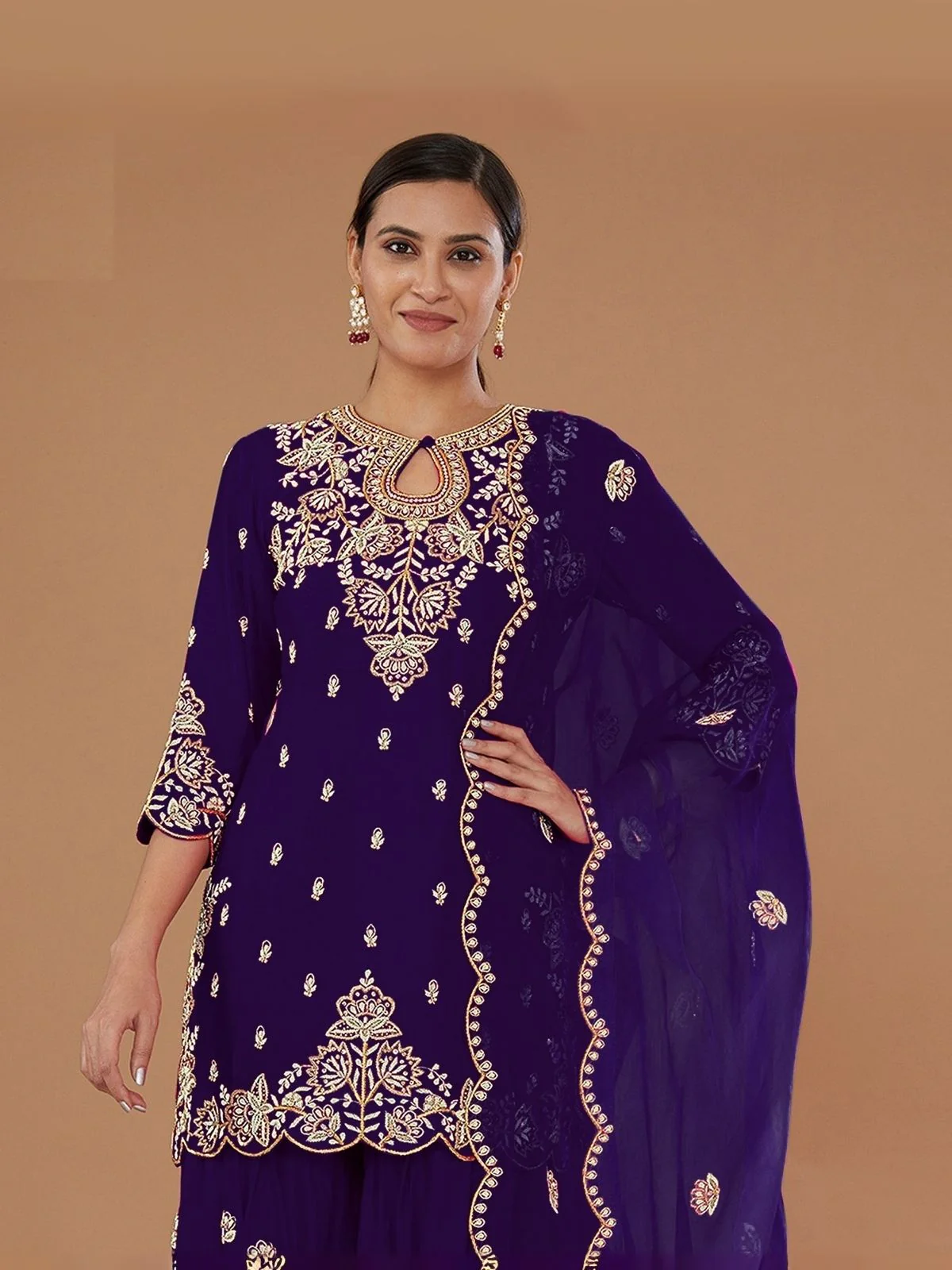 Odette Violet Georgette Embroidered Semi-Sitched Kurta Set For Women - Image 2