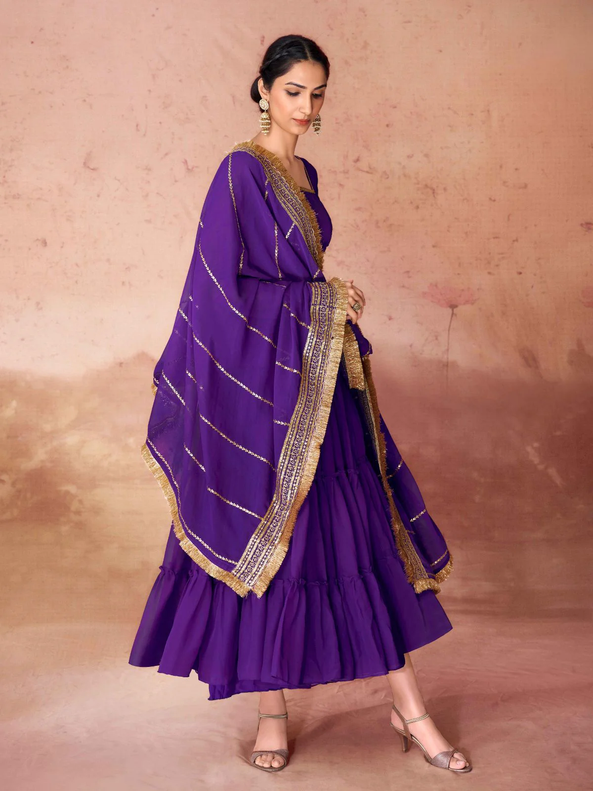 Odette Purple Georgette Embroidered Stitched Gown For Women - Image 3