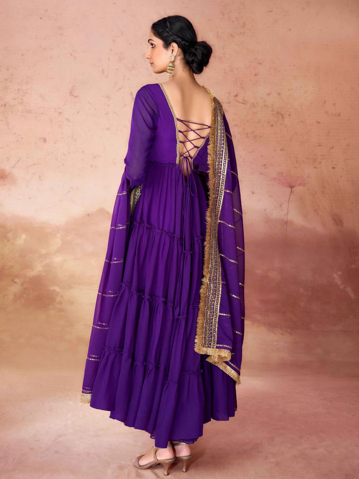Odette Purple Georgette Embroidered Stitched Gown For Women - Image 5