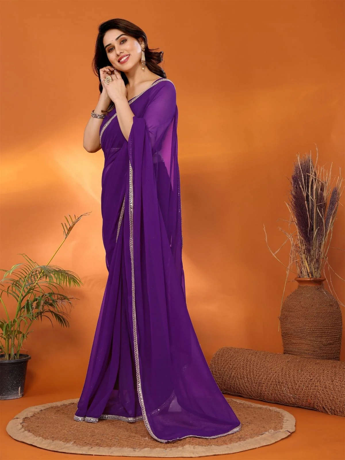 Odette Violet Georgette Printed Saree For Women - Image 2