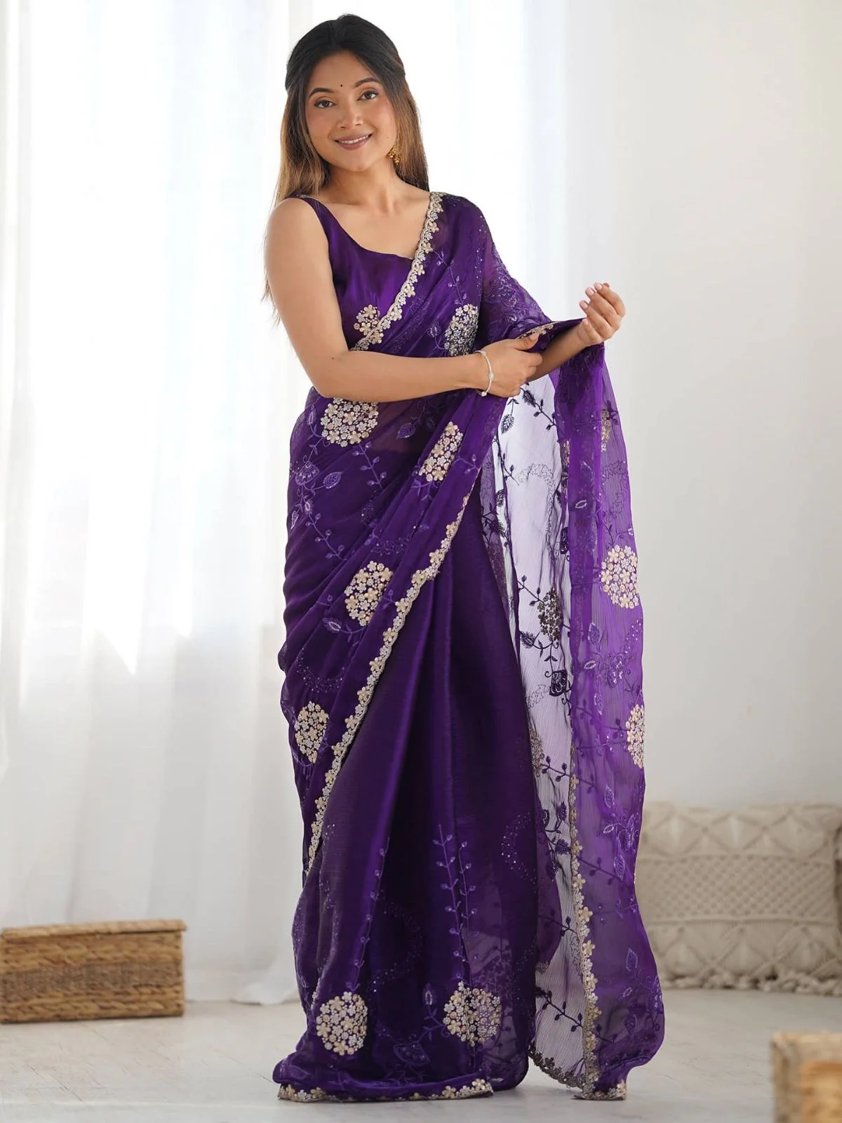 Odette Violet Organza Embroidered Solid Saree For Women - Image 3