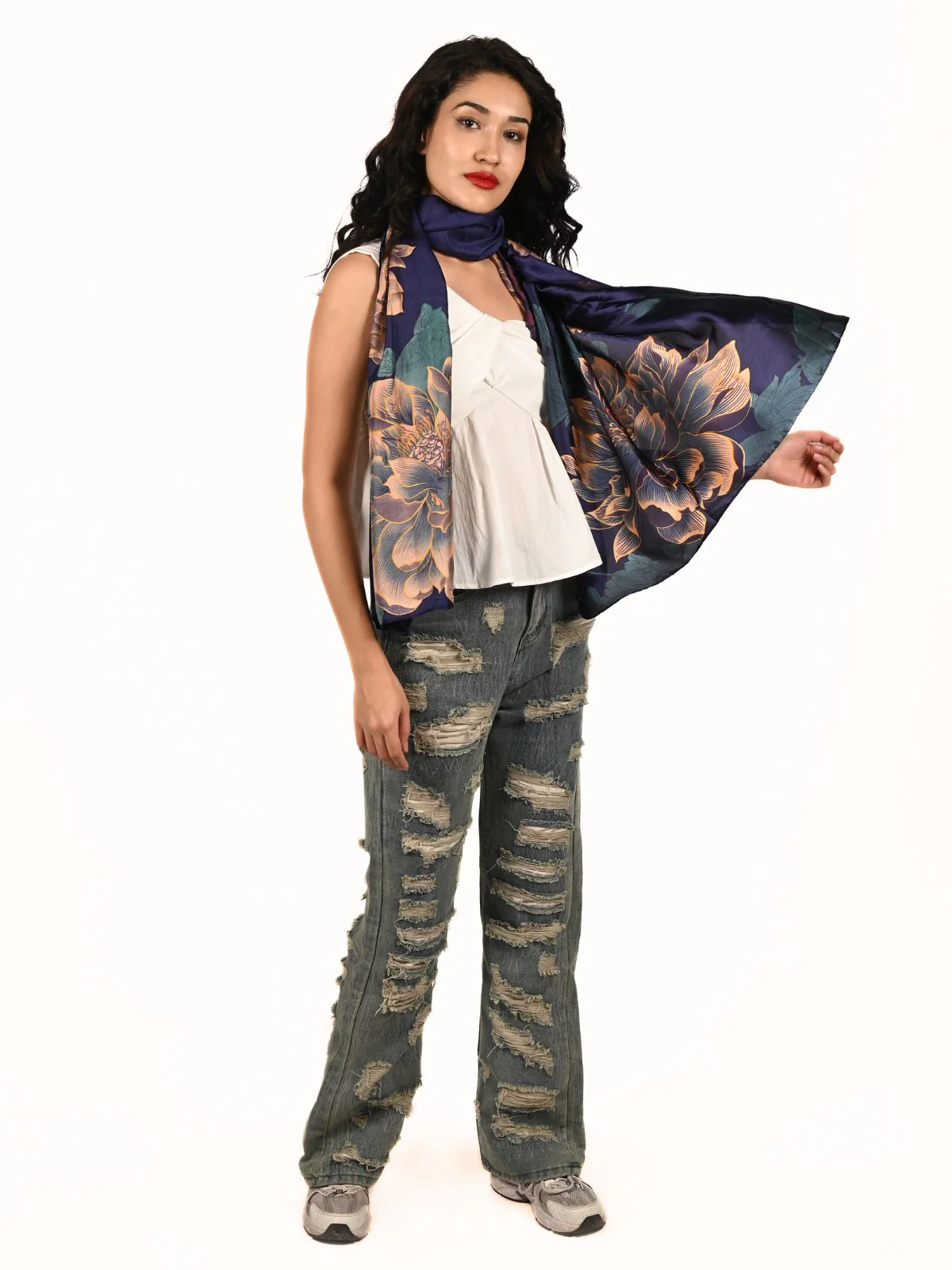 Odette Violet Printed Satin Scarf For Women - Image 2