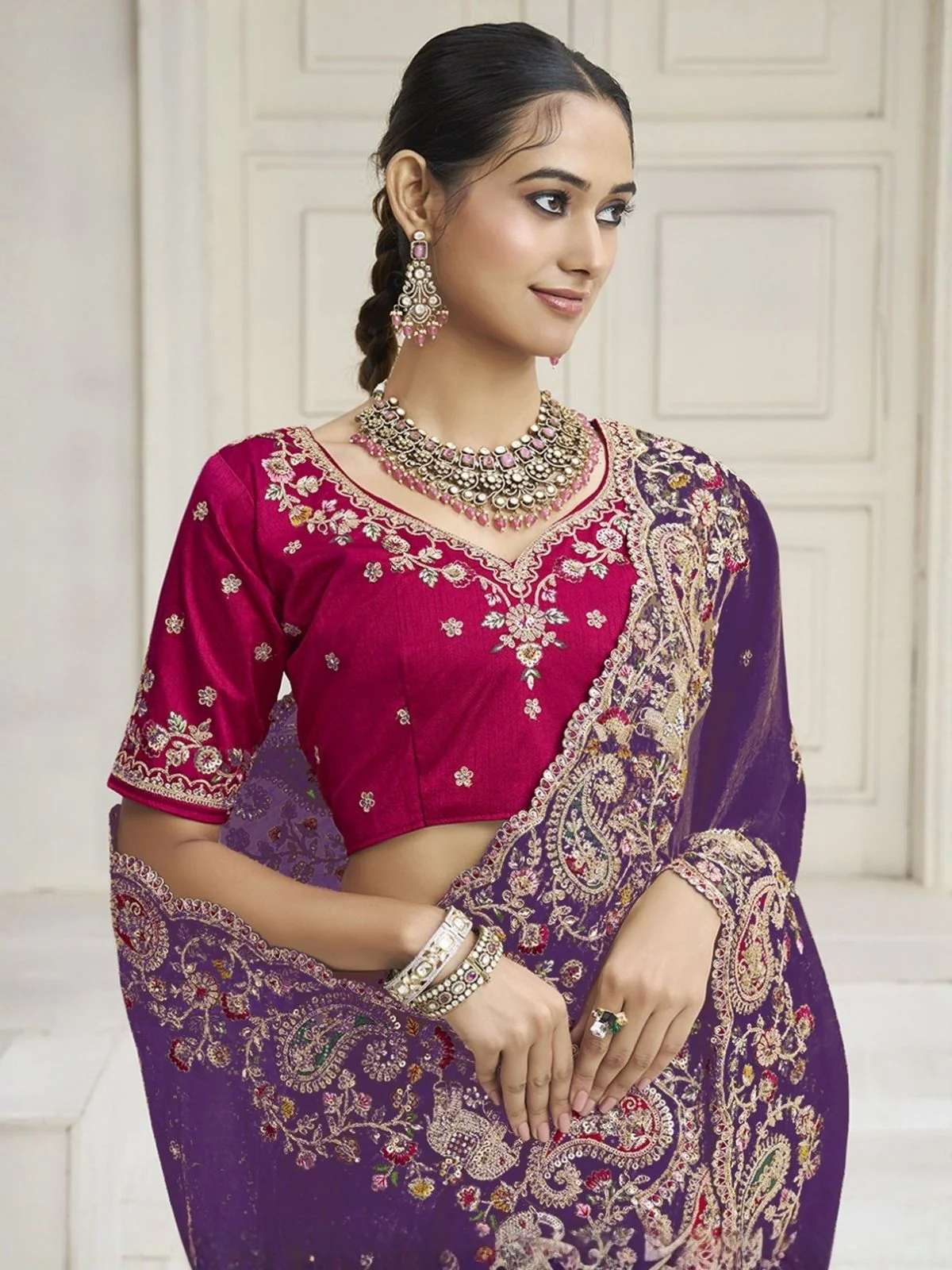 Odette Violet Satin Embroidered Saree For Women - Image 2