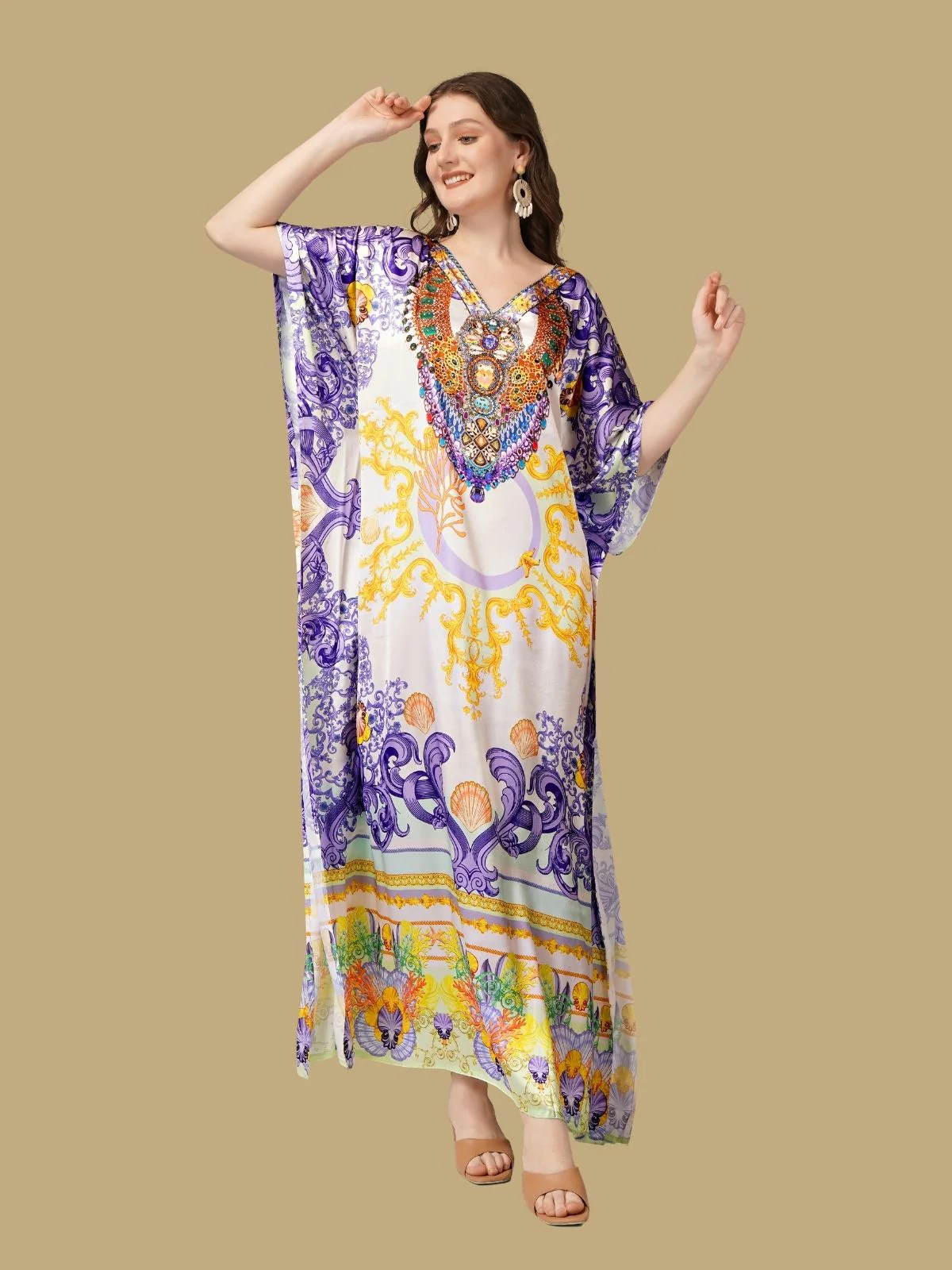 Odette Violet Satin Printed Kaftan For Women - Image 2