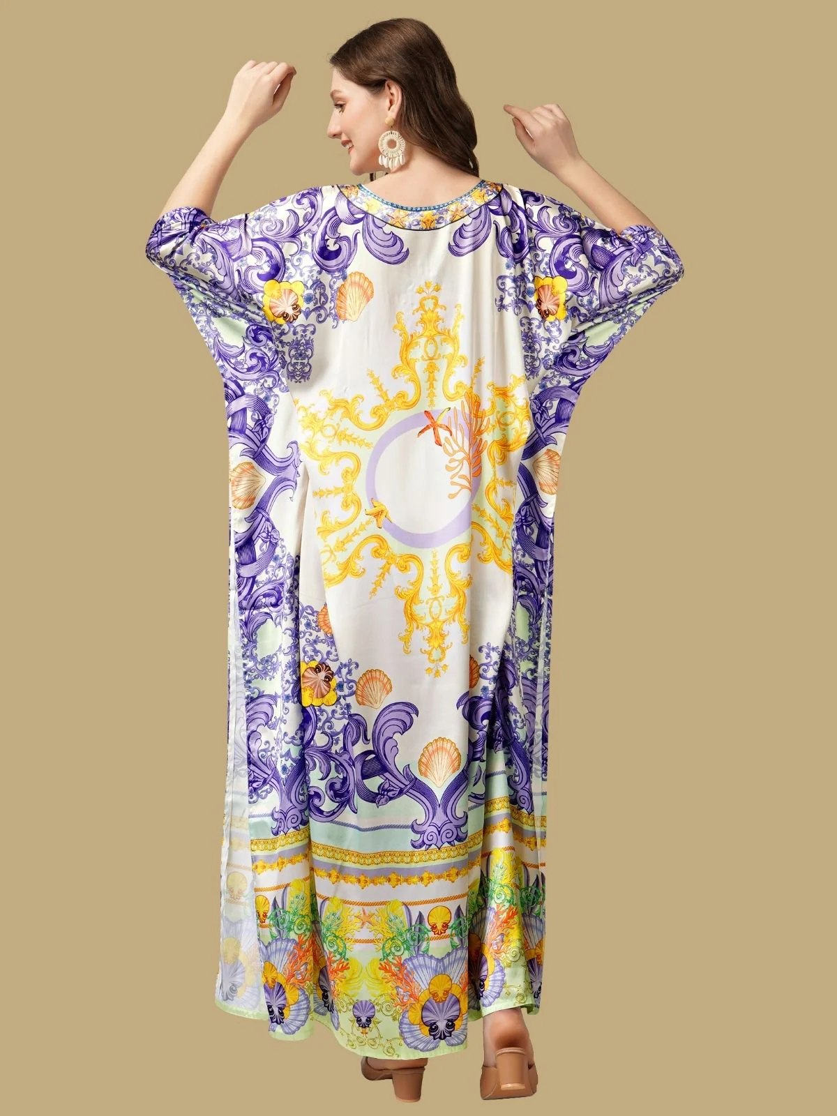 Odette Violet Satin Printed Kaftan For Women - Image 3